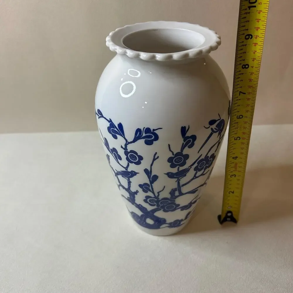 Vintage Blue and White Porcelain Bird and Floral Vase, Chinoiserie